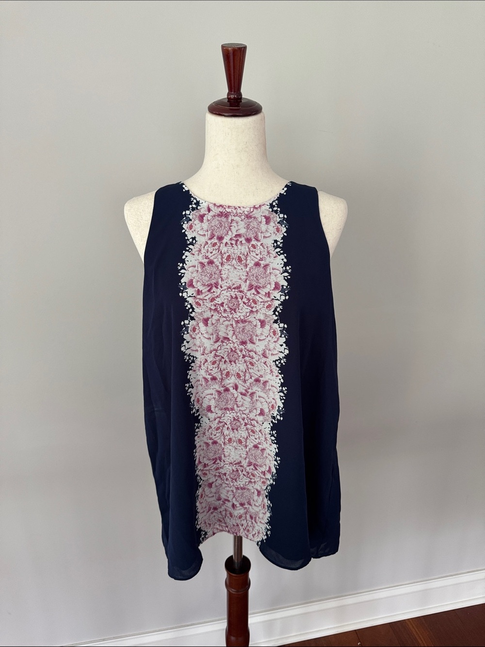 Max Studio Navy Sleeveless Top with Pink Floral Panel